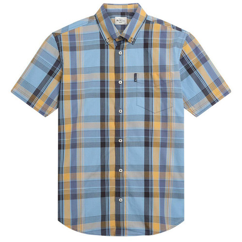 Ben Sherman Men's Mod Block Check Button Down Short Sleeve Shirt in Blue - Main View