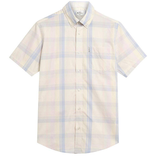 Ben Sherman Men's Mod Button Down Short Sleeve Block Stripe Shirt in Ivory