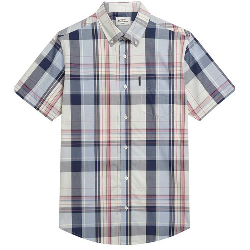 Ben Sherman Men's Mod Oversized Prince of Wales Check Short Sleeve Shirt in Blue Grey