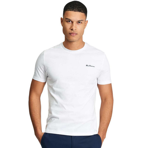 Model Wearing the Ben Sherman Men's Retro Signature Logo T-shirt in White