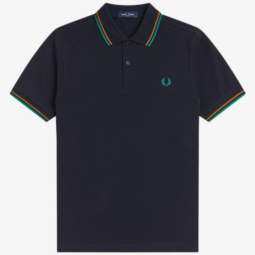 Fred Perry M3600 Mod Twin Tipped Polo Shirt in Navy/Dark Caramel- Front Image Flat Main 
