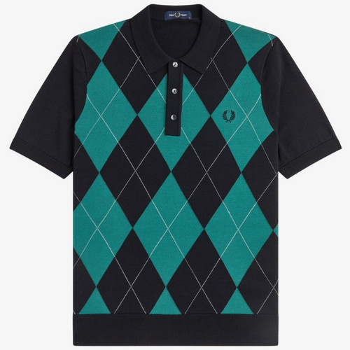 Fred Perry Argyle Intarsia Knitted Shirt in Black - Main Image Front Flat