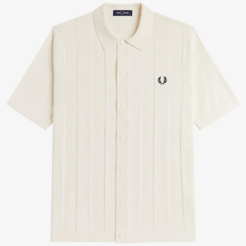 Fred Perry Tonal Vertical Stripe Knitted Shirt in Ecru - Main Image Front Flat