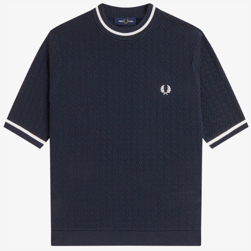 Fred Perry Women Textured Jacquard Knit Top with Single Tipping in Navy - Main Image Front Flat