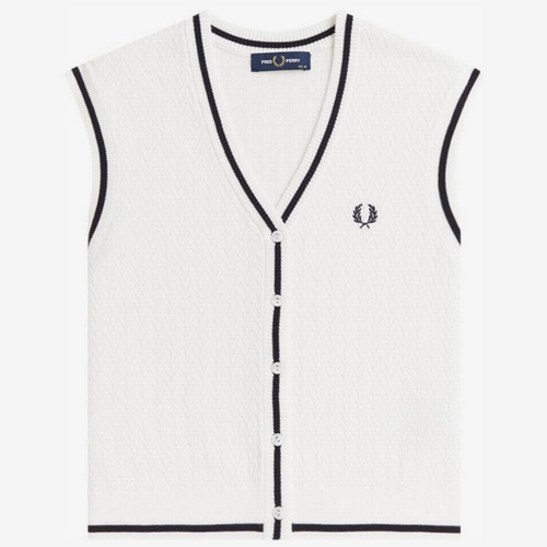 Fred Perry Button Through Diamond Textured Knit Tipped Tank Top in Snow White - Main Image Front Flat