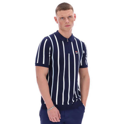 Fila Vintage Giorgio Men's Crochet Patchwork Knitted Polo in Navy - Main Image Model Front Facing