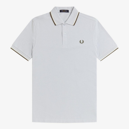 Fred Perry M3600 Mod Twin Tipped Polo Shirt in Dusky Blue/Ecru/Green - Front Image Flat Main