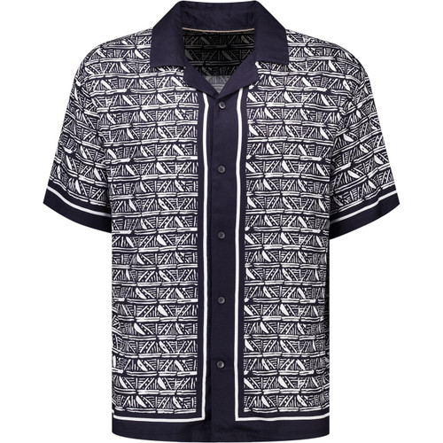 French Connection Mens Hand Drawn Pattern Holiday Short Sleeve Panelled Cuban Shirt in Navy