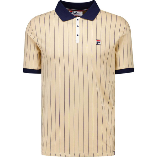 Fila Vintage Mens BB1 Classic Pinstripe Jersey Polo T-shirt in Beige and Navy