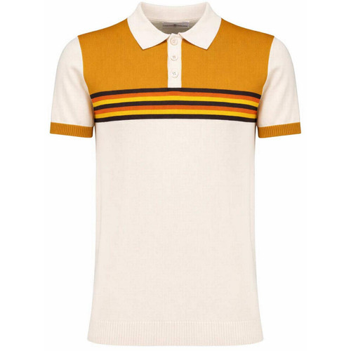 Madcap England Retro Rewind Men's 1970s Mod Chest Stripe Colour Block Knitted Polo Shirt in Birch