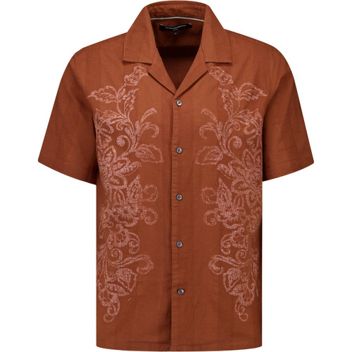 French Connection Mens Dobby Holiday Short Sleeve Shirt in Rust Brown