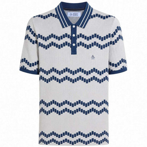 Original Penguin Jacquard Wavy Tiles Polo Shirt in Birch - Main Image