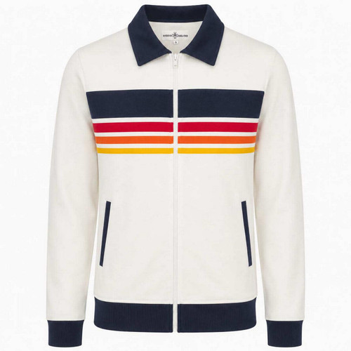 Madcap England Torino Men's Retro 70s Stripe Collared Track Top in Snow White