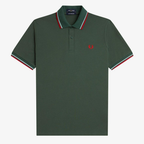Fred Perry M12 Made In England Twin Tipped Polo in Tartan Green - Front Image Flat Main