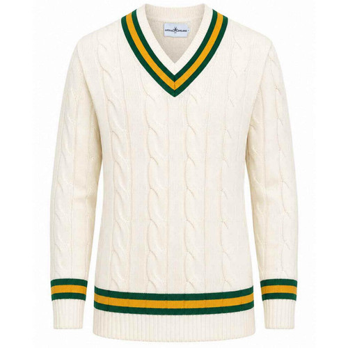 Madcap England Arthur Men's Retro Tipped V-neck Cable Knit Cricket Jumper in Snow White