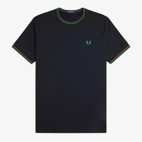 Fred Perry M1588 Twin Tipped T-Shirt in Navy/Dark Caramel/Sport Green - Front Flat