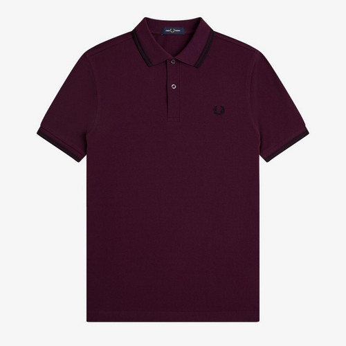 Fred Perry M3600 Mod Twin Tipped Polo Shirt in Plum/Black/Black - Front Image Flat Main