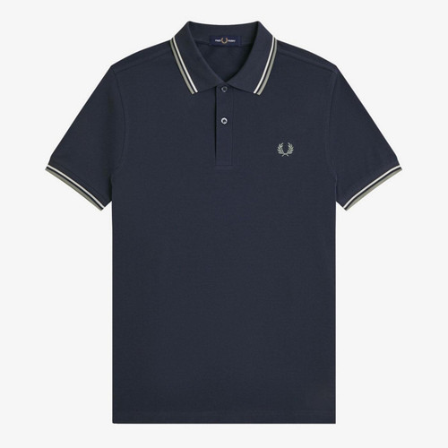 Fred Perry M3600 Twin Tipped Pique Polo Shirt in Dark Airforce/Ecru/Seagrass - Front Flat