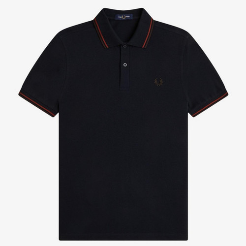 Fred Perry M3600 Mod Twin Tipped Polo Shirt in Navy/Brandy/Rich Brown- Front Image Flat Main