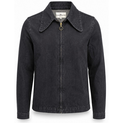Front of the Madcap England Ziggy Retro Beagle Collar Denim Shirt Jacket in Black Stonewash