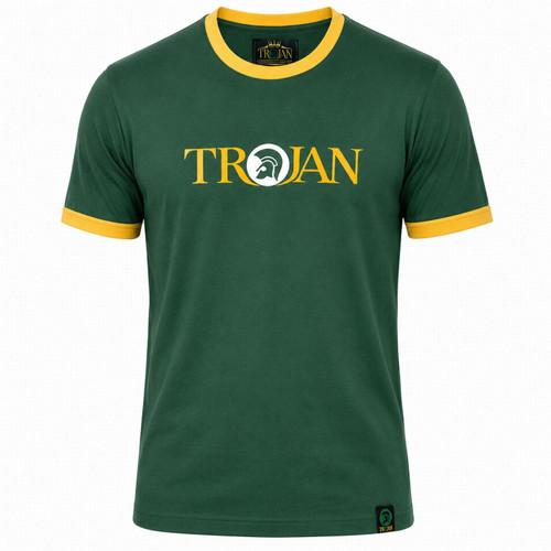 Front of the Trojan Men's Retro 70s Signature Ringer T-shirt in Green