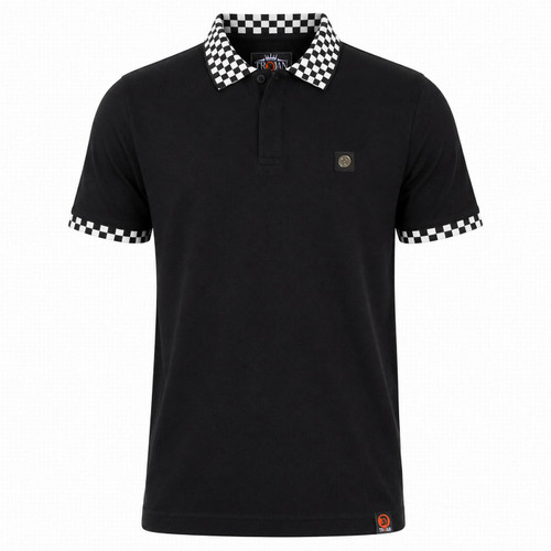 Trojan Checkerboard Trim Ska Mod Pique Polo Shirt in Black Front View