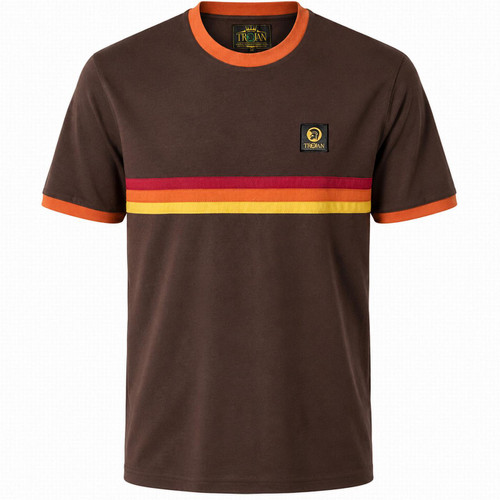 Trojan Retro 70s Cut and Sew Chest Stripe Ringer T-shirt in Chocolate Front View