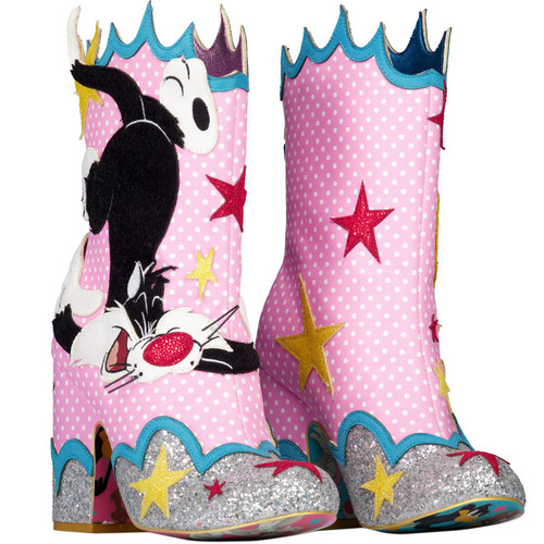 Irregular Choice Womens Loony Tunes Sufferin Succotash Zip Back High Heel Calf Length Boots