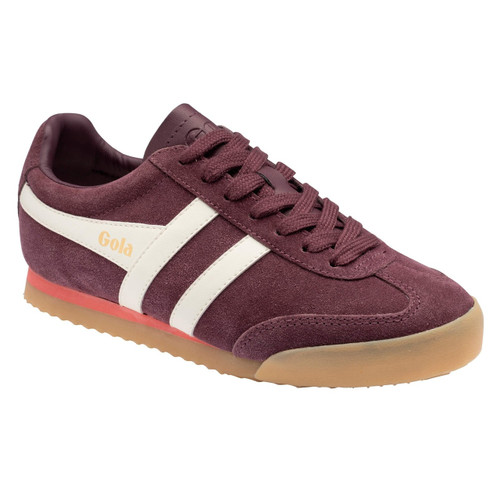 Gola Women's Apollo Retro Suede Trainers in Windsor Wine / Off White / Coral / Gum - Single trainer side view at angle