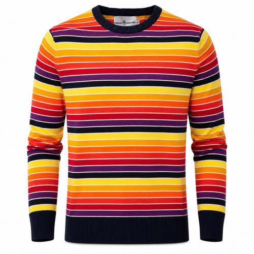 Madcap England Sundown Retro Gradient Rainbow Stripe Jumper in Navy and Purple Front View