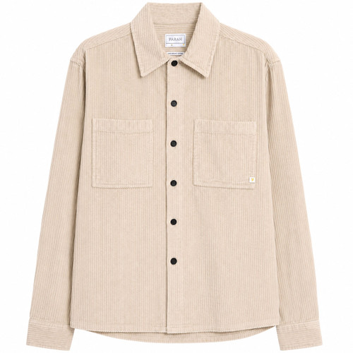 Farah Sawyer Long Sleeve F-Tab Organic Cotton Corduroy Overshirt in Putty - Front Flat