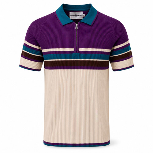 Madcap England Meteor Retro Stripe Ribbed Polo Shirt with Zip Neck Front View