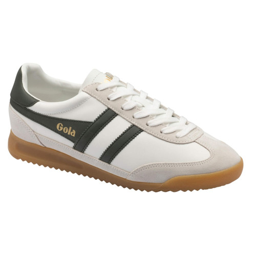 Gola Classics Tornado Men's Retro Leather Trainers in White / Dark Khaki - Single trainer side view  at angle