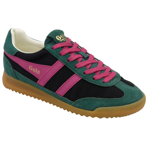 Gola Classics Firefly Women's Retro Trainers in Black / Pine / Fuchsia - Single Trainer Side On At Angle