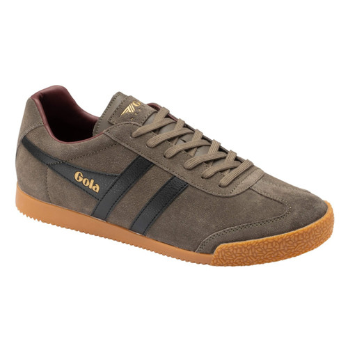 Gola Classics Harrier Suede Men's Retro Trainers in Urban Moss / Black / Burgundy - Single trainer side view at angle