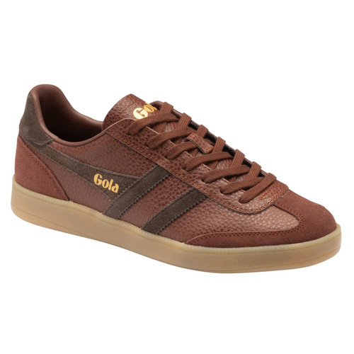 Gola Classics Viper Serra Men's Leather Trainers in Cognac Pebble / Dark Brown / Gum - Single trainer side view at angle