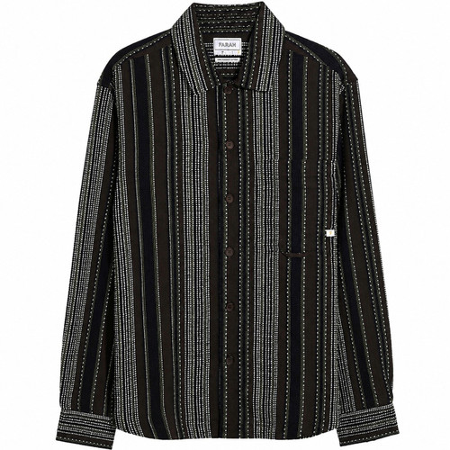 Farah Cody F-Tab Men's Stripe Long Sleeve Overshirt in Dark Brown - Front Flat