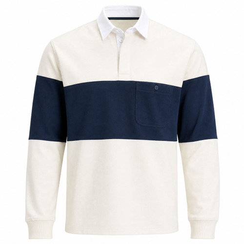 Lee Jeans Men's Relaxed Fit Long Sleeve Rugby Shirt in Ecru/Navy
