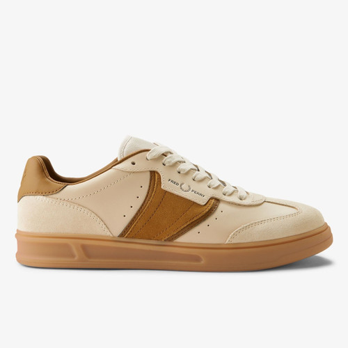 Fred Perry B4 Leather/Suede Tennis Shoes in Oatmeal - Single shoe side view straight