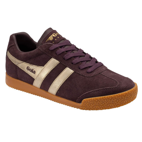Gola Classics Women's Harrier Mirror Suede Trainers in Cocoa / Gold / Gum - Single trainer side view at angle