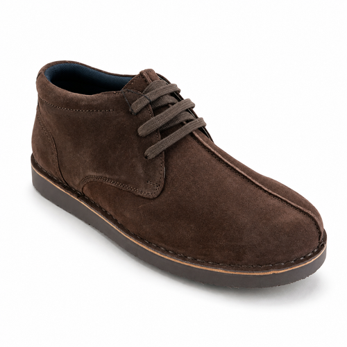 Angled front view of the Roamers Centre Seam Suede Desert Boots in Dark Brown