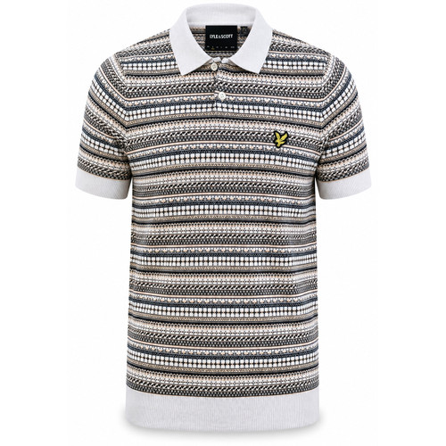 Front of the Lyle & Scott Fair Isle Knitted Short Sleeve Polo Shirt in Cove