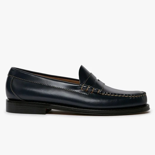 Bass Weejuns Heritage Larson Contrast Stitch Loafers in Navy Leather - Single shoe side view straight