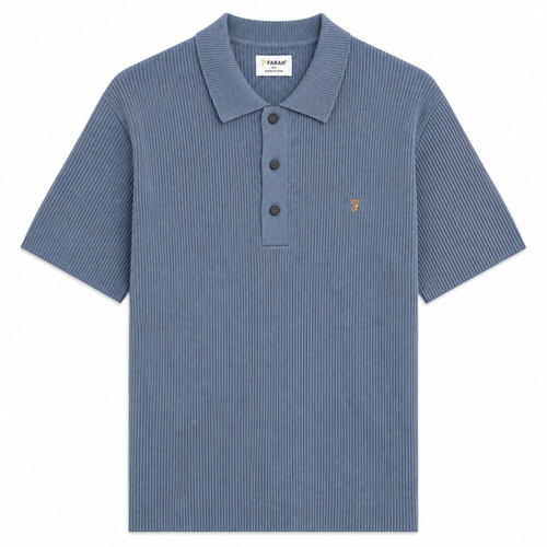 Farah Gerry Men's Retro Rib Knit Polo Shirt in Icelandic Blue - Front Flat