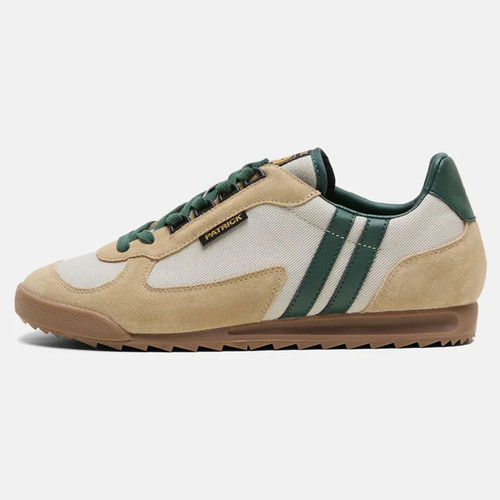 Patrick Forza Runner Men's Retro Trainers in Stone / Dark Green - Single trainer side view straight