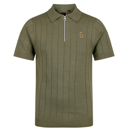 Luke 1977 Rib Eye Knitted Zip Neck Polo in Clover - Front