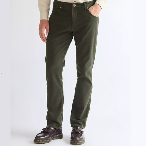 Model Wearing Wrangler Greensboro Men's Straight Twill Trousers in Rosin - Front facing