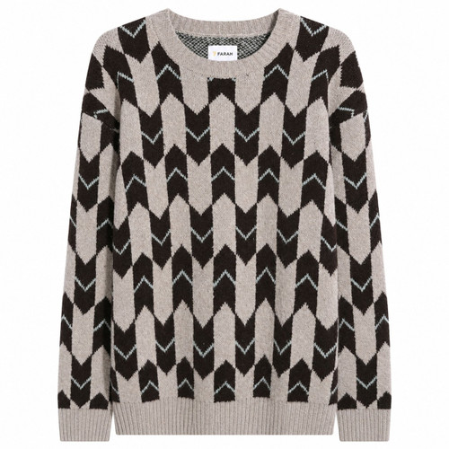 Farah Milt Men's Relaxed FairIsle Geo Jacquard Jumper in Dark Brown - Front flat