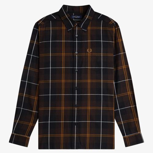 Fred Perry Twill Tartan Long Sleeve Shirt in Rich Brown - Front flat