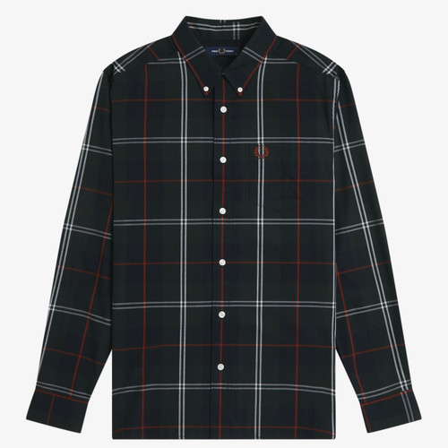 Fred Perry Poplin Tartan Button Down Long Sleeve Shirt in Night Green - Front flat